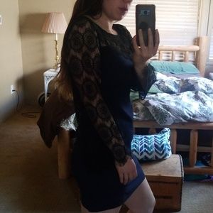 Blue and black lace sleeve dress boho cut